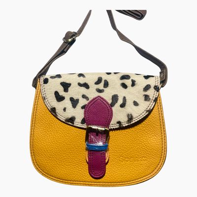 Soruka Leather Crossbody Purse - Mustard and Purple With Animal Print