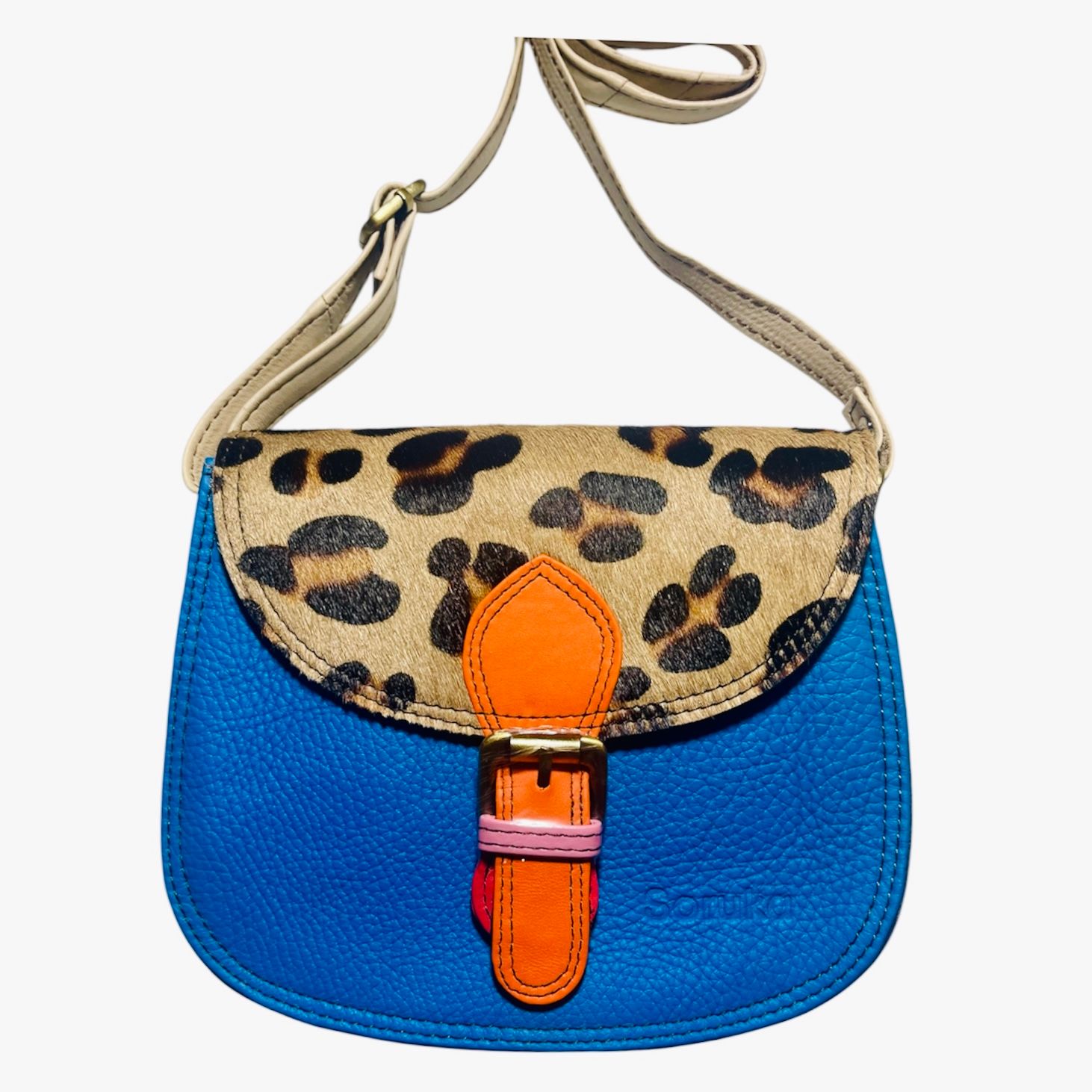 Soruka Leather Crossbody Purse -  Blue and Orange with Green Interior