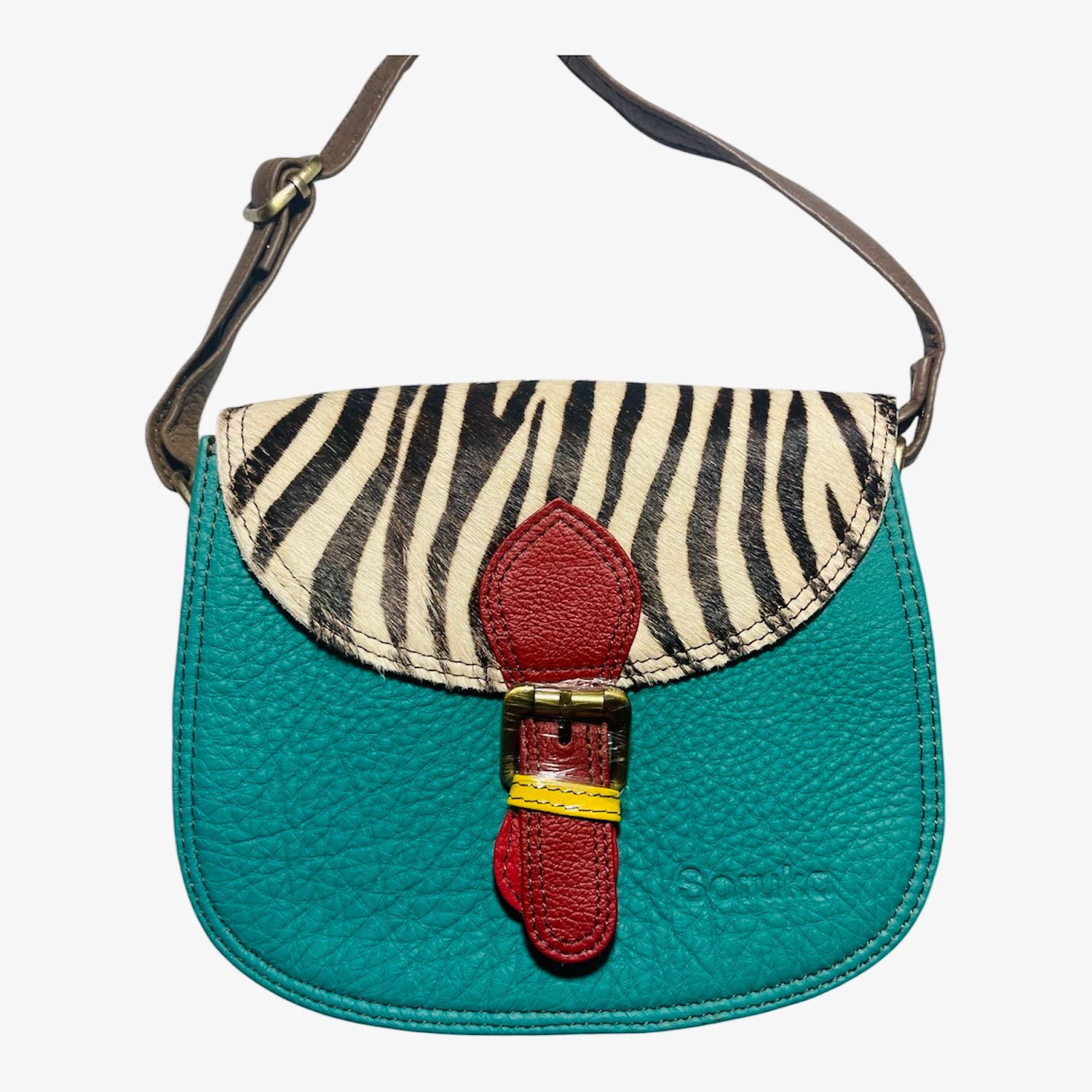 Soruka Leather Crossbody Purse -  Aqua Blue And Red with Grey Interior