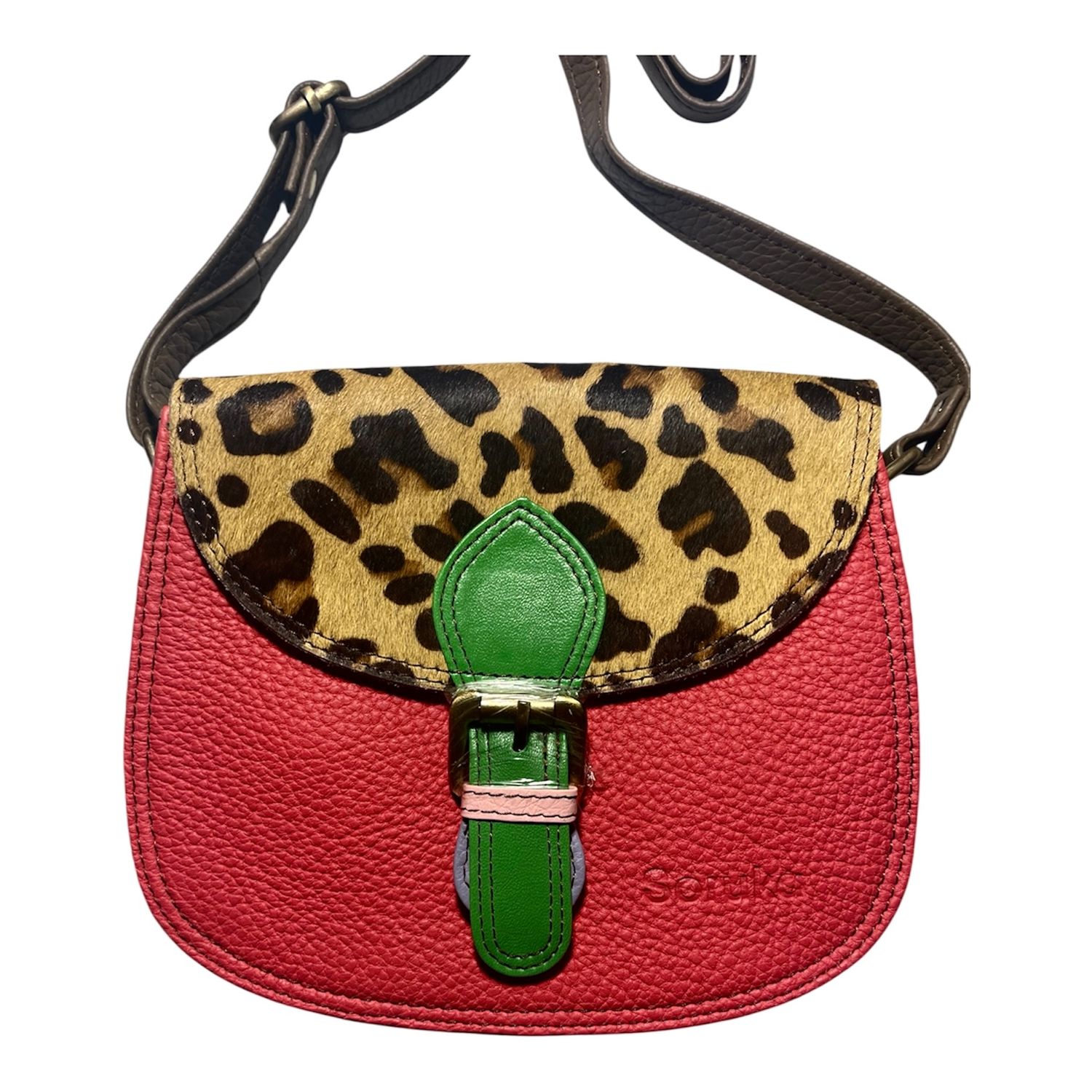 Soruka Leather Crossbody Purse - Salmon + Green With Animal Print