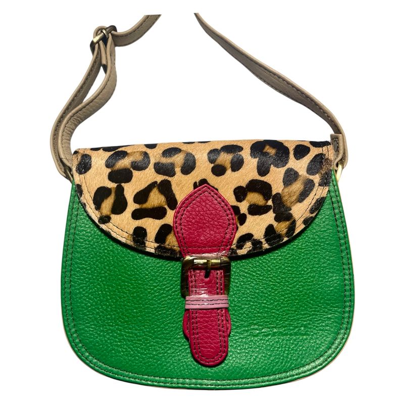 Soruka Leather Crossbody Purse - Green + Fuchsia With Animal Print