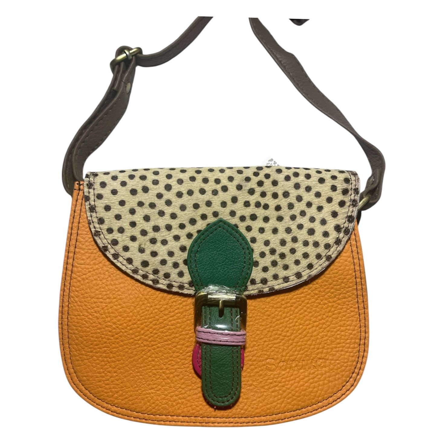 Soruka Leather Crossbody Purse - Tangerine + Green With Animal Print