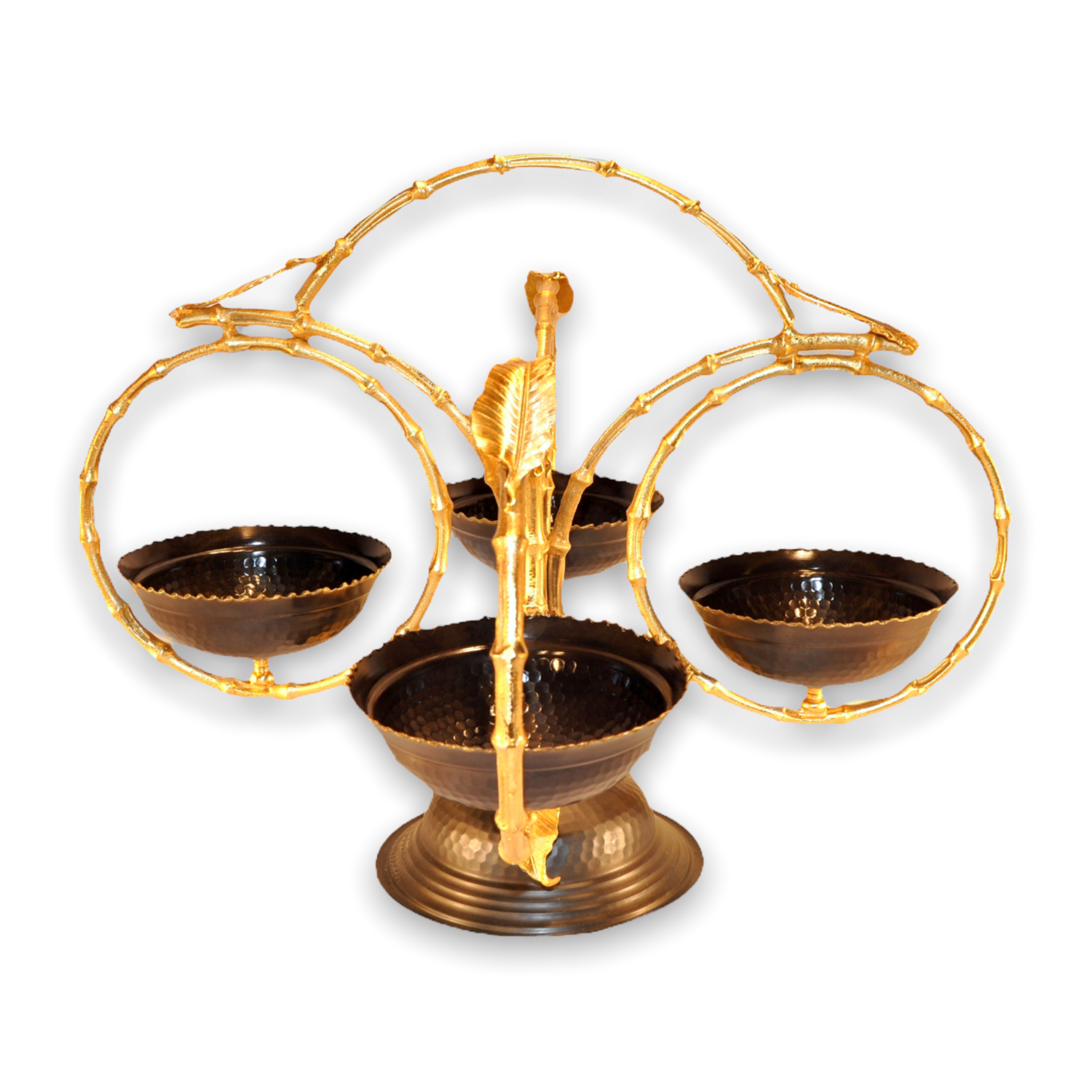 Four Chocolate Copper Bowls Set- Gold Branch Holder