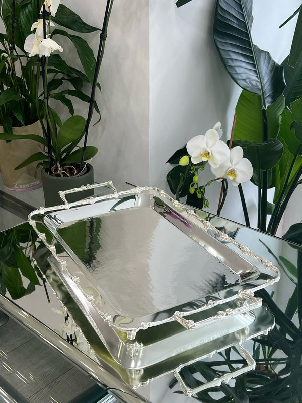 Luxury Rectangular Silver-Plated Serving Tray with Ornate Handles 