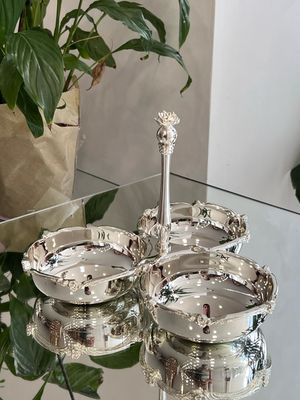 Luxury 3-Bowl Serving Set with Central Handle – Ornate Silver Finish