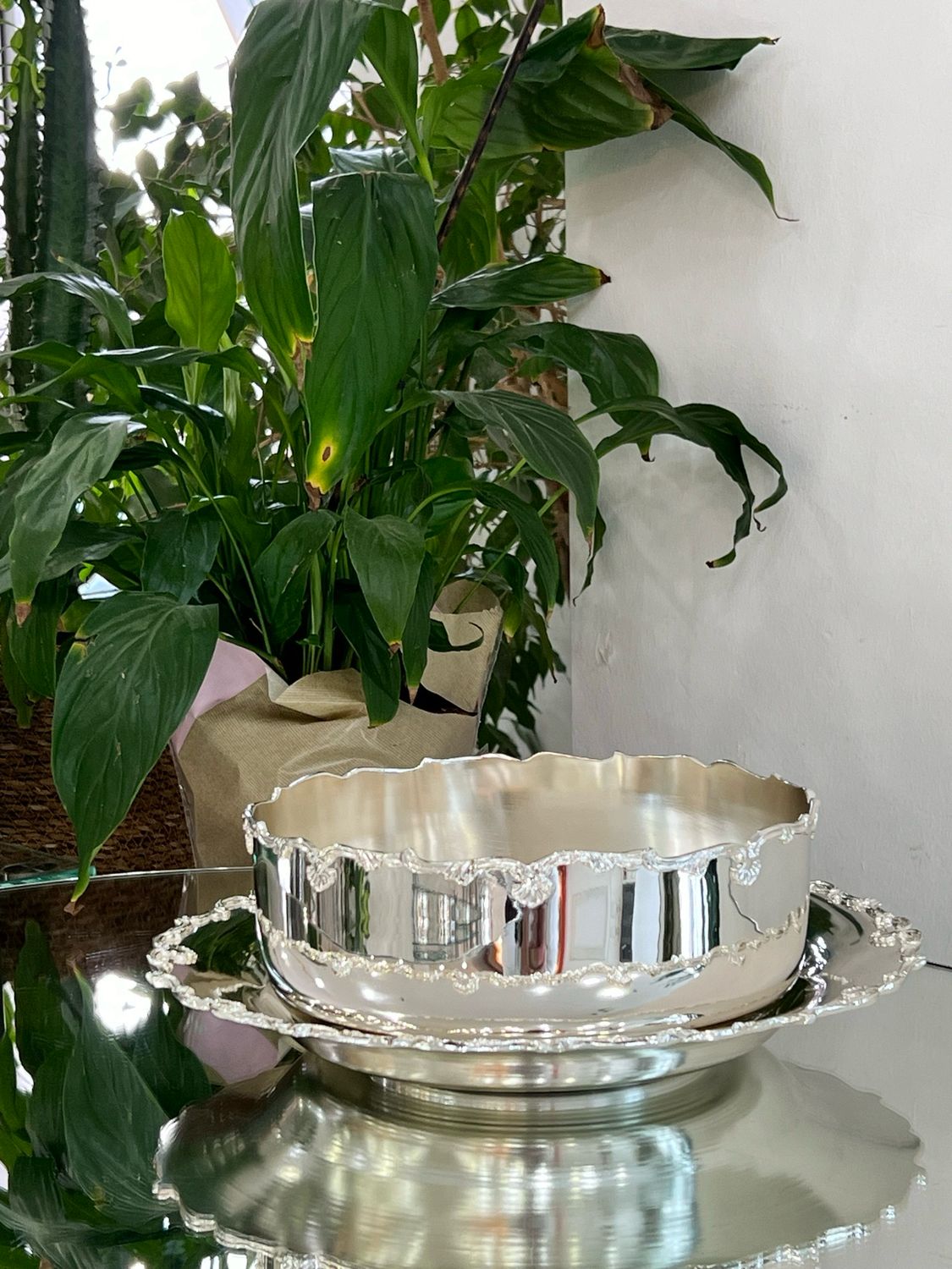  Deep Serving Bowl with Decorative Silver Base 