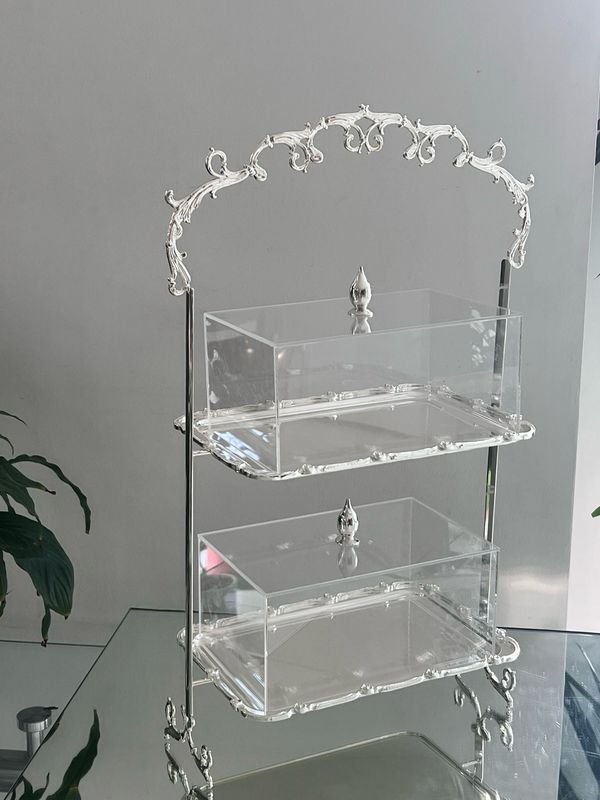 Two-Tier Serving Stand with Acrylic Covers &amp; Silver Accents
