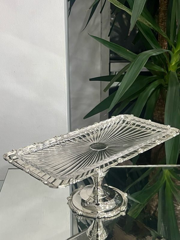 Rectangular Glass Serving Tray with Silver-Plated Base