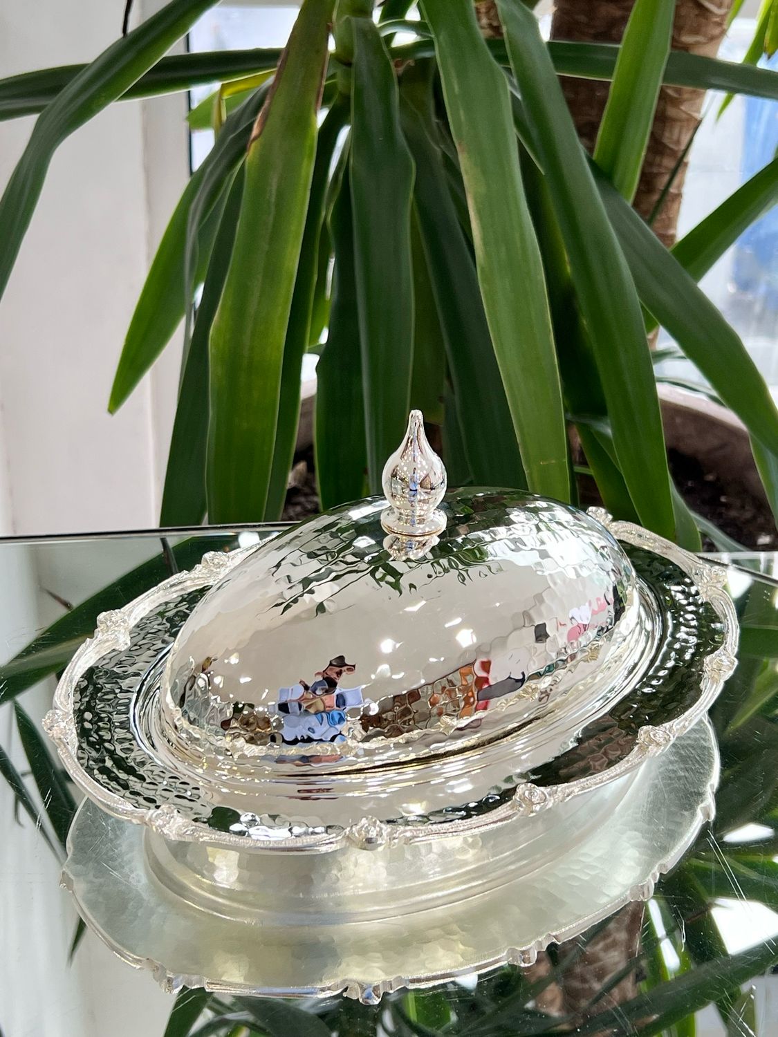 Hammered Silver-Plated Oval Serving Dish Set with Lids 