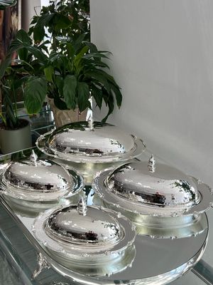 Hammered Silver-Plated Oval Serving Dish Set with Lids 