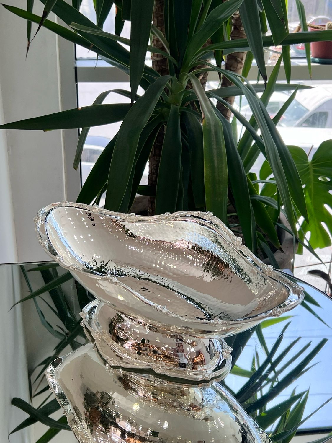 Hammered Silver-Plated Deep Serving Bowl with Pedestal