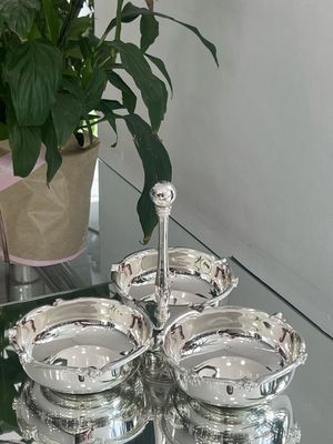 Luxury 3-Bowl Serving Set with Central Handle – Ornate Silver Finish