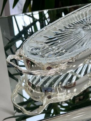 Oval Glass Serving Tray with Ornate Silver-Plated Edges 