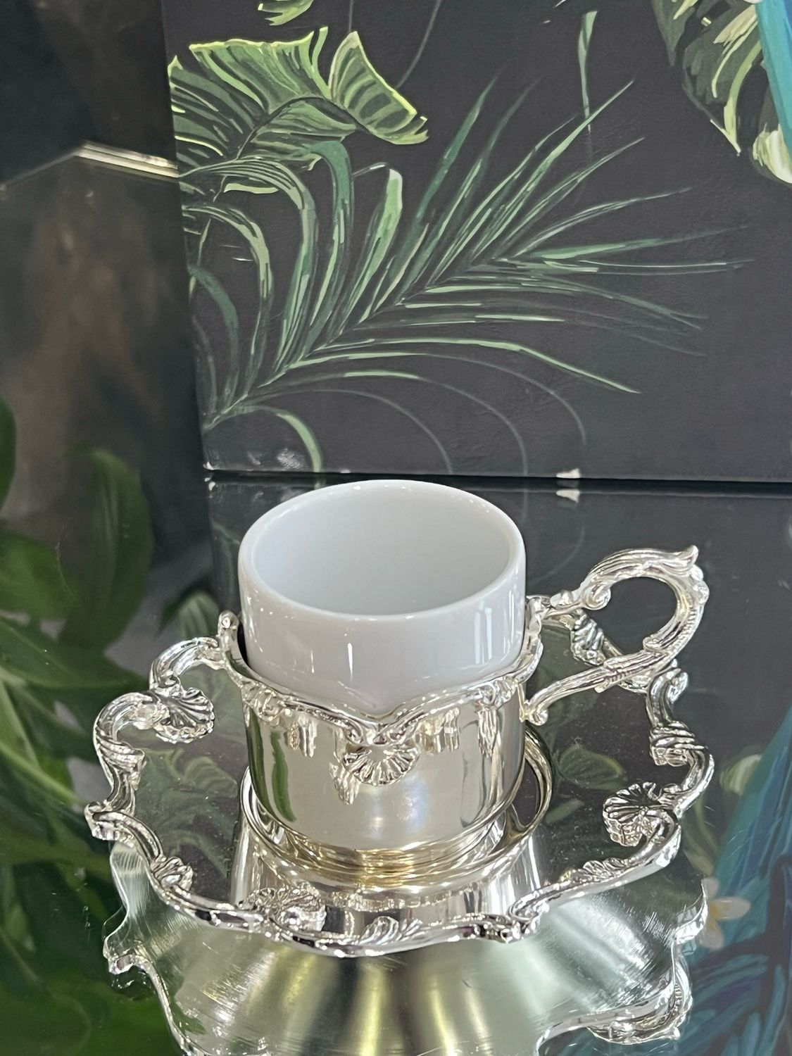Luxury Silver-Colored Coffee Cup Set - Istiridye Model - 6 Cups and 6 Saucers