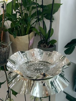 Glass Serving Bowl with Silver-Plated Wavy Base