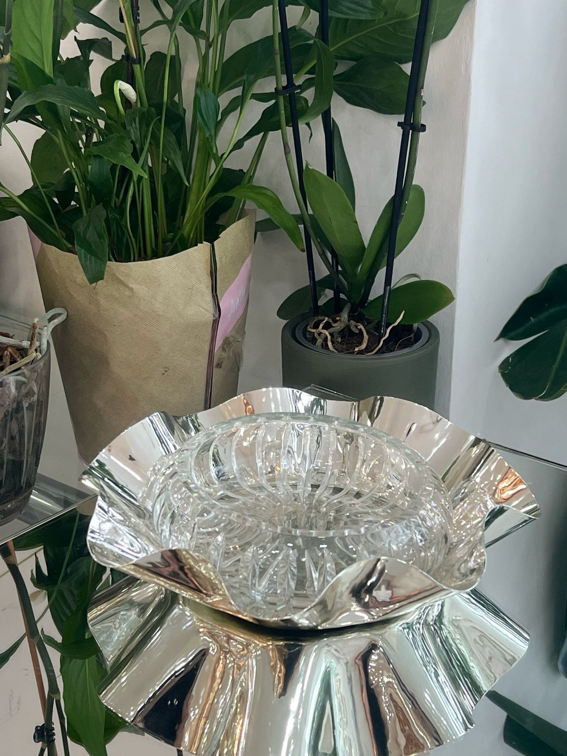Glass Serving Bowl with Silver-Plated Wavy Base