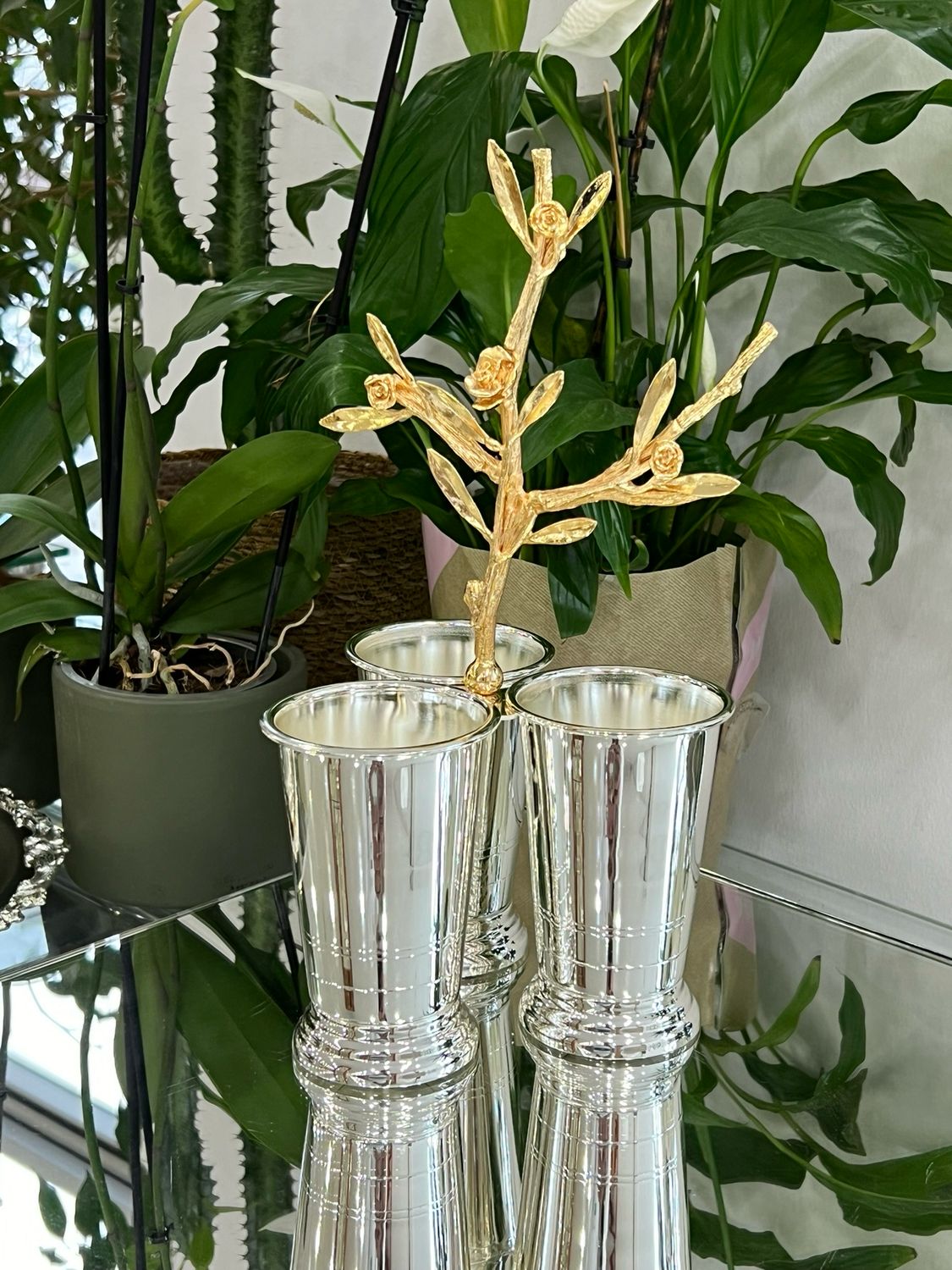 “Gül” Model Cutlery Stand – 3 Silver-Plated Holders with Decorative Golden Branch
