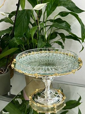 “Gül” Model Cake Stand – Carved Glass with Silver &amp; Gold-Plated Base