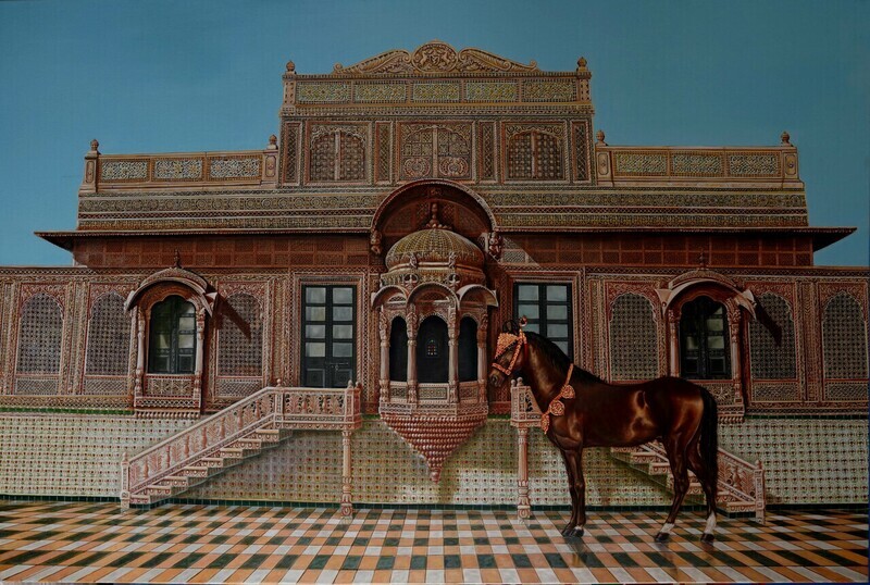 MARWARI HORSE STANDING IN PALACE COURTYARD