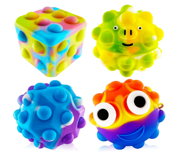 Exun Pop Fidget Ball, 3D Sensory Stress Ball Toys for Kids and Adults, Push Bubble Its Squeeze Ball-Cube-Hexagon Shape Silicone Toy for Hand Exercise, Focus, Anxiety & Stress Reliever Autism Toy, 4PCS