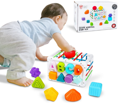 Baby Shape Sorting Toy, Sensory Sorting Bin with 14 Colorful Textured Shapes Blocks, Shape Sorter Toy for Toddler Ages 18 Months and Up as Birthday, Early Learning Gift