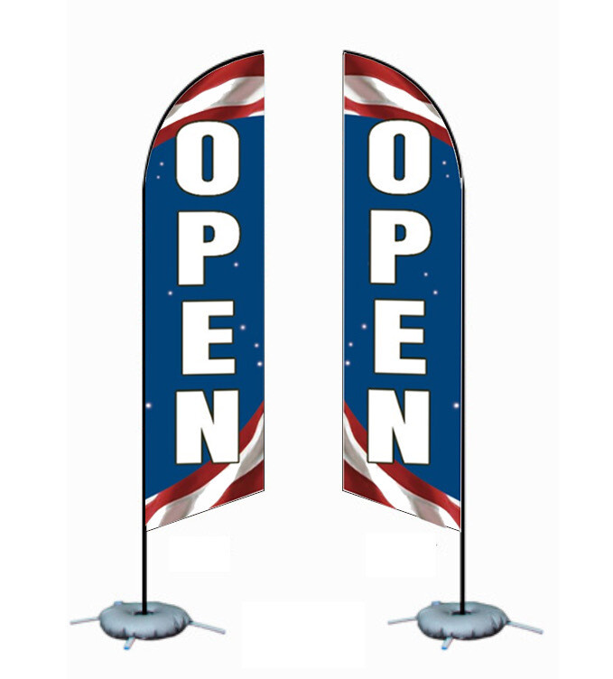 7FT FEATHER FLAG - OPEN PATRIOTIC BG WHITE LETTERS
