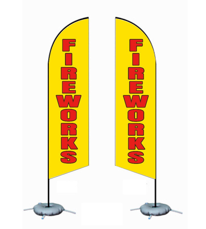 7FT FEATHER FLAG - FIREWORKS YELLOW BG RED LETTERS