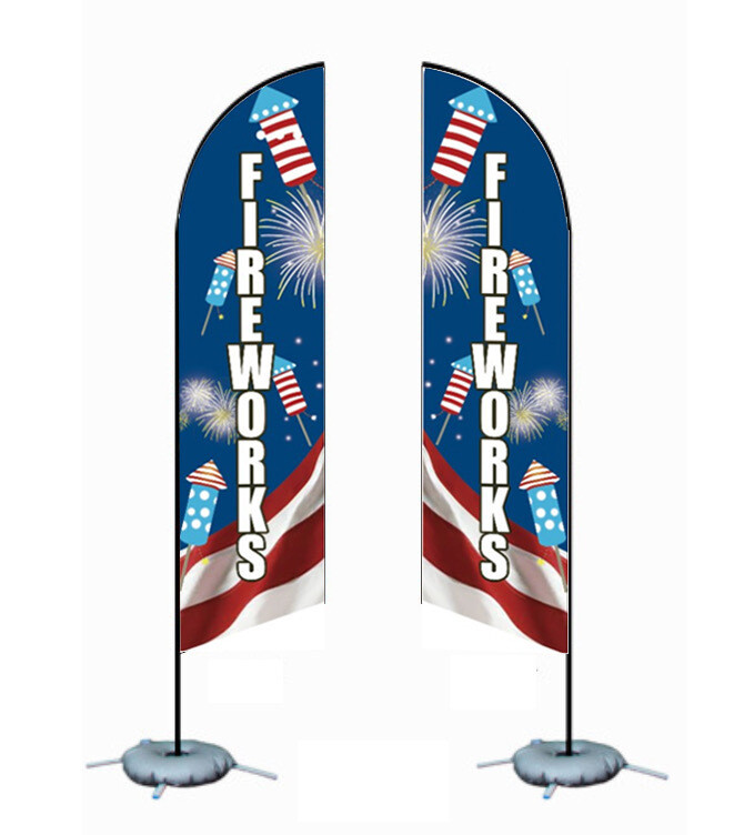 7FT FEATHER FLAG - FIREWORKS PATRIOTIC BG WT LTRS