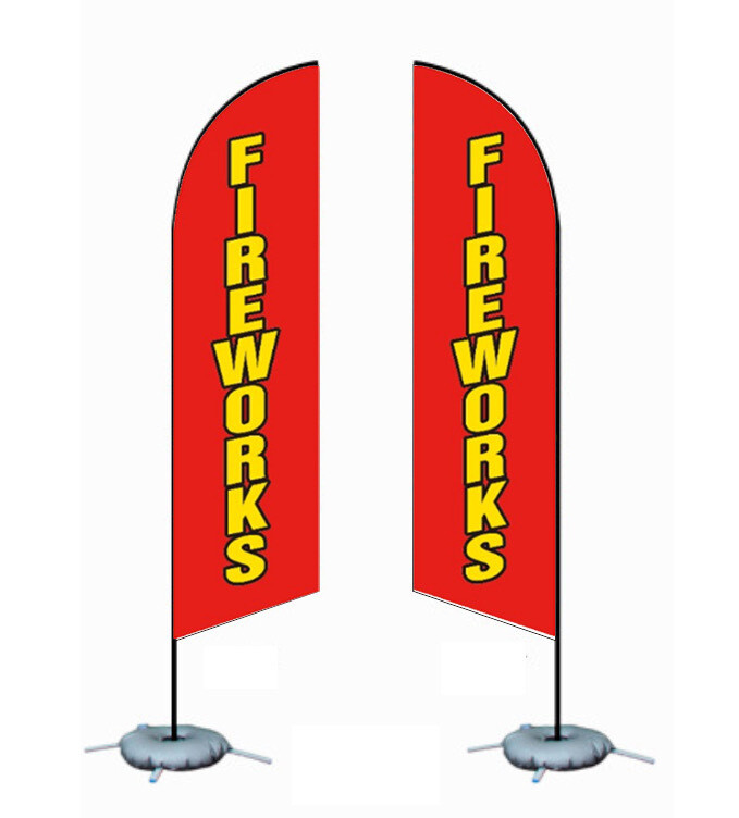 7FT FEATHER FLAG - FIREWORKS RED BG YELLOW LETTERS