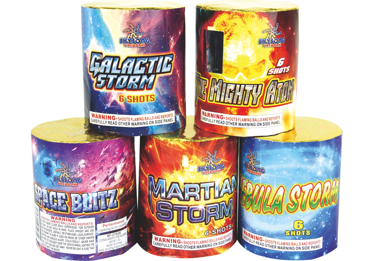 GALACTIC STORM, THE MIGHTY ATOM, NEBULA STORM, MARTIAN STORM, SPACE BLITZ 6 SHOTS ROUND CAKE ASSORTED