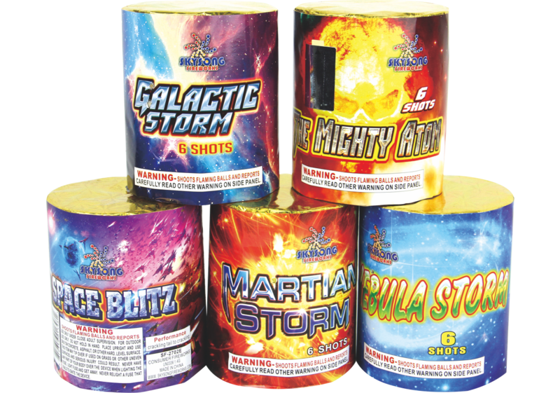 GALACTIC STORM, THE MIGHTY ATOM, NEBULA STORM, MARTIAN STORM, SPACE BLITZ 6 SHOTS ROUND CAKE ASSORTED