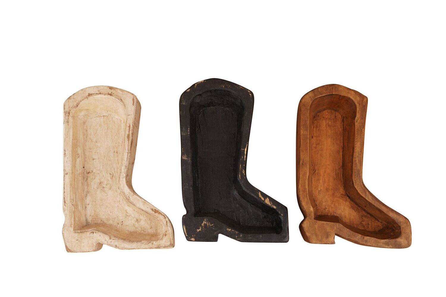 Boot Dough Bowl-Trio Pack-7 x 10 x 2 inches-Wood-Western-Carved-Candle Ready-Trio Pack-9 PCS
