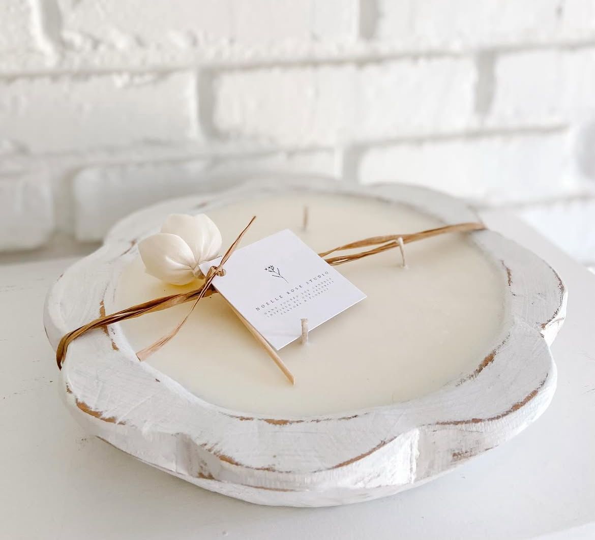 Carved Flower Dough Bowl -Candle Ready- 10-12 inches-White