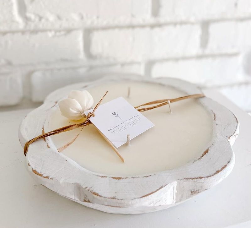 Carved Flower Dough Bowl -Candle Ready- 10-12 inches-White