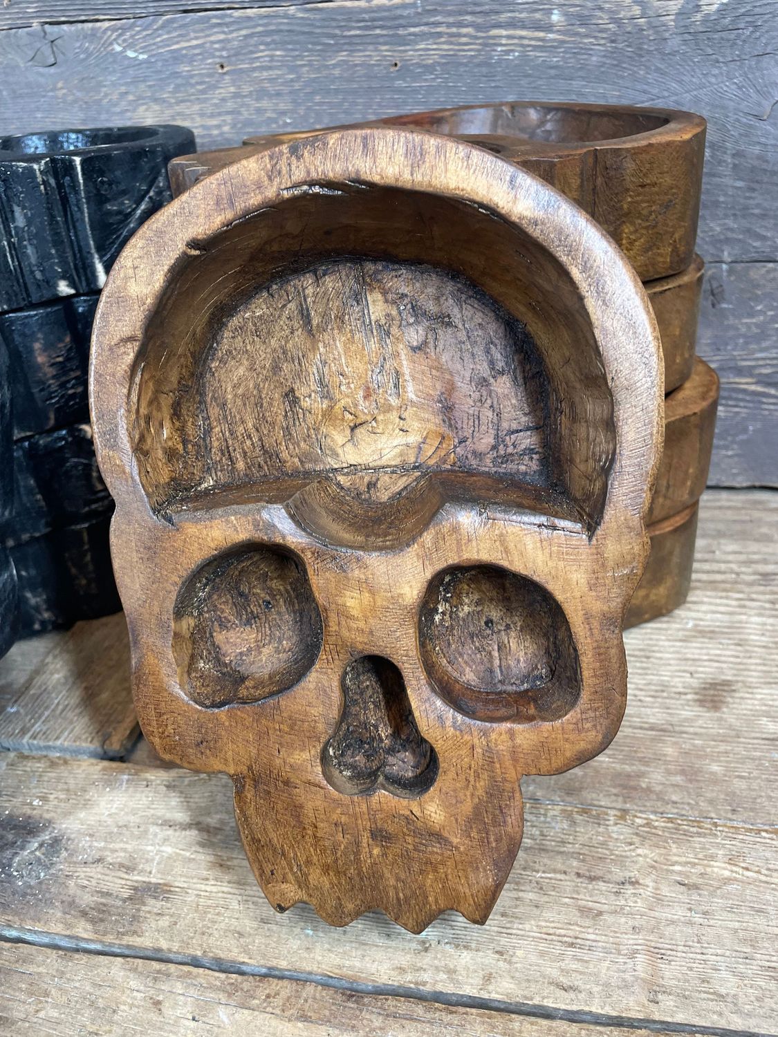 Skull Dough Bowl-6 x 9 x 2inches-Wood-Carved-Candle Ready-Skull-Two Color Choices-NEW, COLOR: Waxed