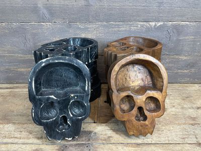 Skull Dough Bowl-6 x 9 x 2inches-Wood-Carved-Candle Ready-Skull-Two Color Choices-NEW