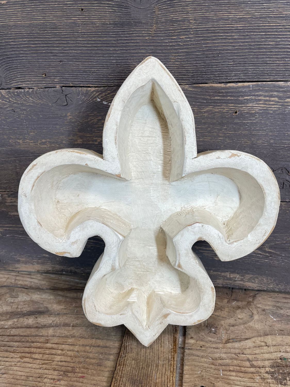 Fleur de Lis Dough Bowl-10 x 12 x 2 inches-Wood-Handmade-Candle Ready-Carved-NEW, Colors: Antiqued White