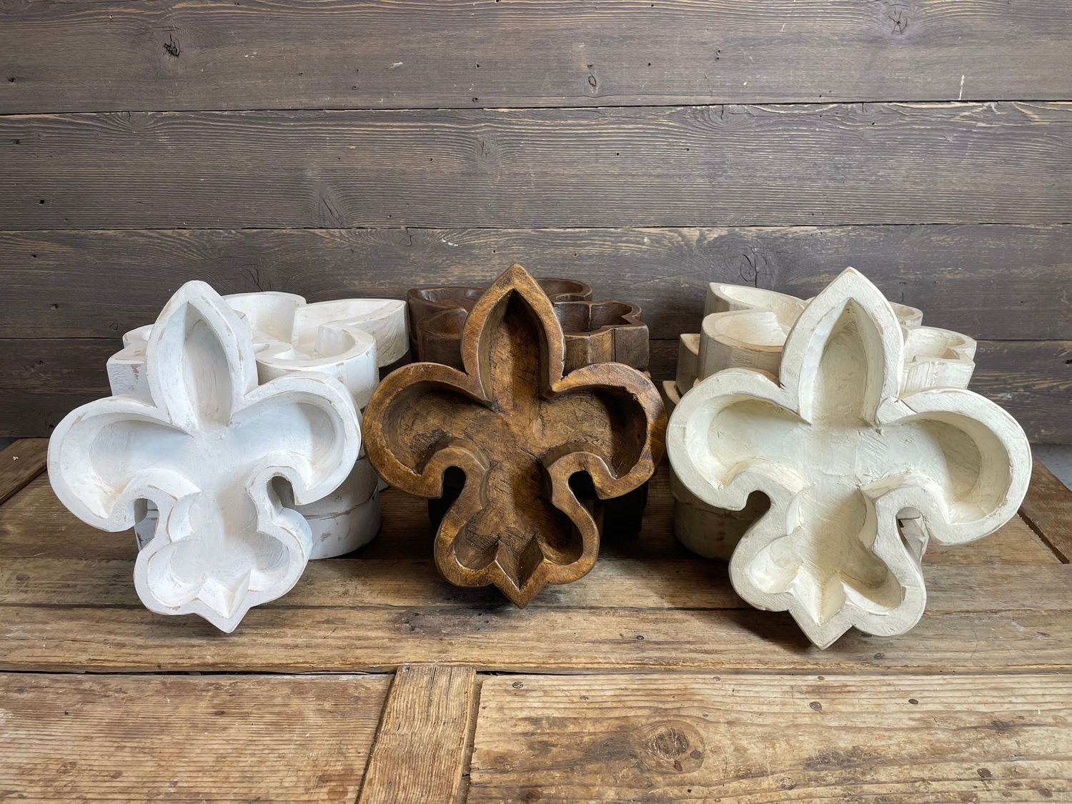 Fleur de Lis Dough Bowl-10 x 12 x 2 inches-Wood-Handmade-Candle Ready-Carved-Assorted Pack-9 Pieces