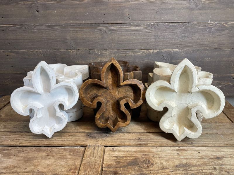 Fleur de Lis Dough Bowl-10 x 12 x 2 inches-Wood-Handmade-Candle Ready-Carved-Assorted Pack-9 Pieces