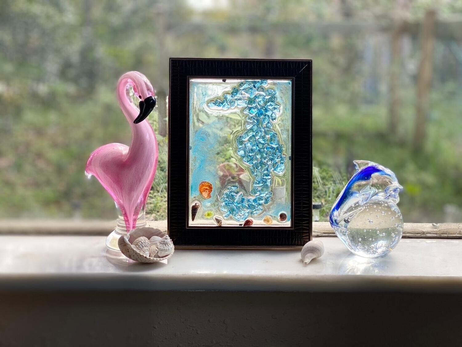 Blue Seahorse with seashells Glass Epoxy Resin Art