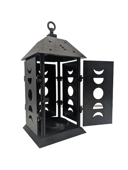 Black Colored 3D printed Hanging Lantern with Moon Phases Side Panels