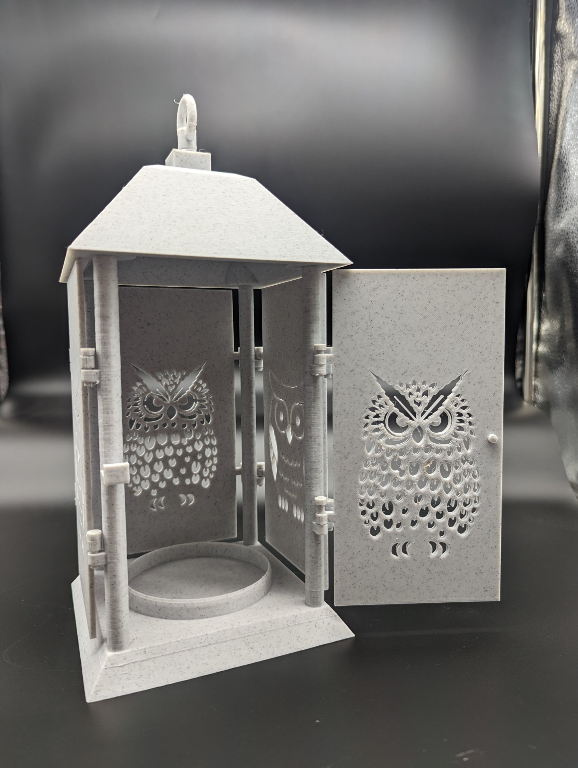 White Stone Colored 3D printed Hanging Lantern with Traditional Owl and Angry Owl Side Panels