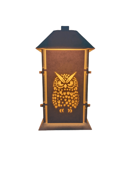 White Stone Colored 3D printed Hanging Lantern with Traditional Owl and Angry Owl Side Panels