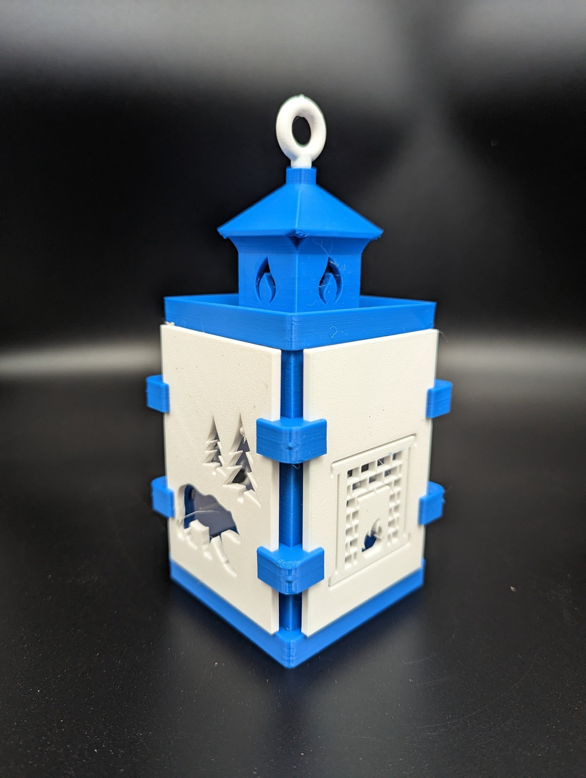 3D printed MINI Hanging Lantern with fireplace and Bear in the woods Image Side Panels