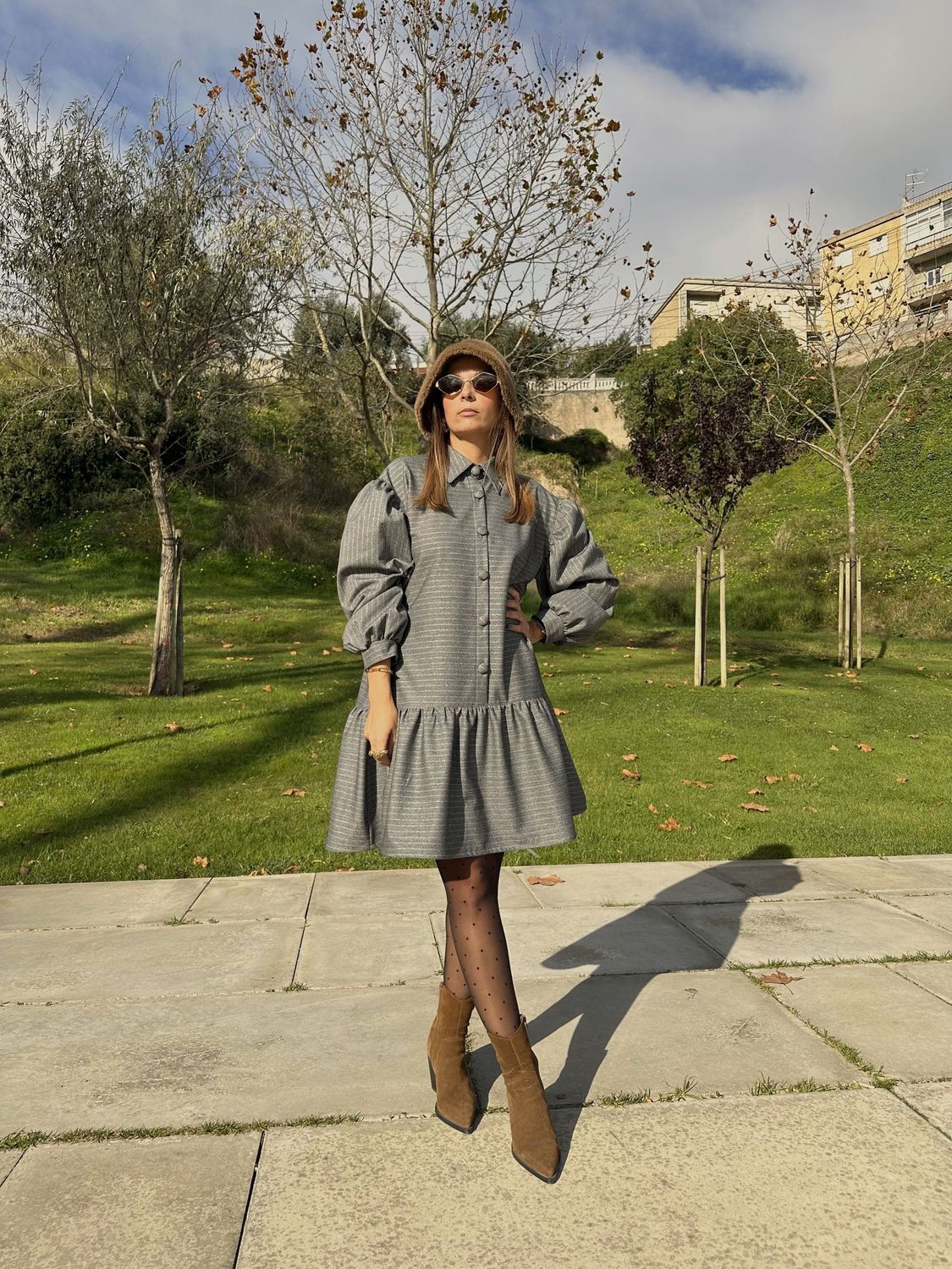 Vestido Cinza Risca Metalizada