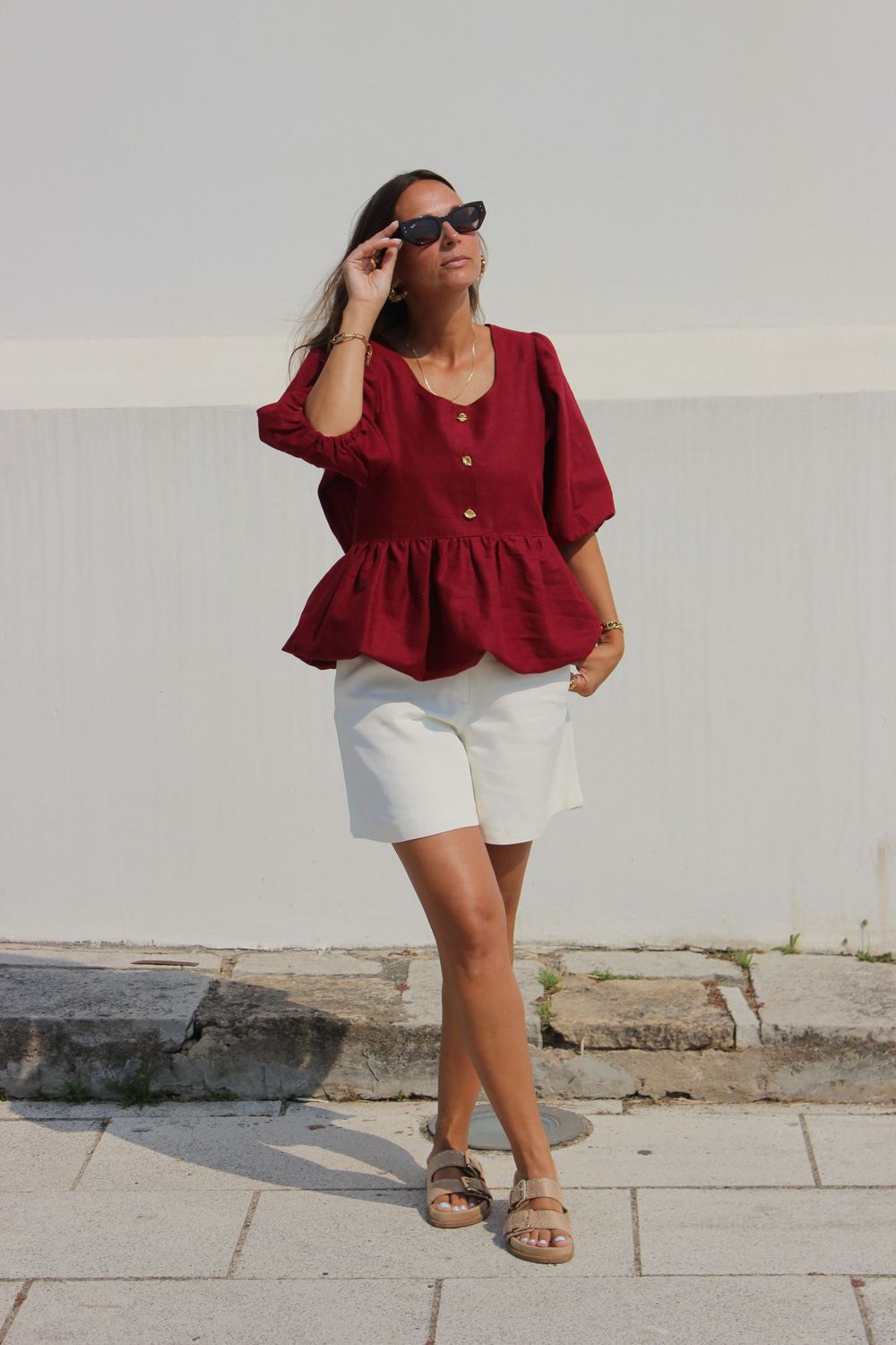Blusa Balão Linho Bordeaux