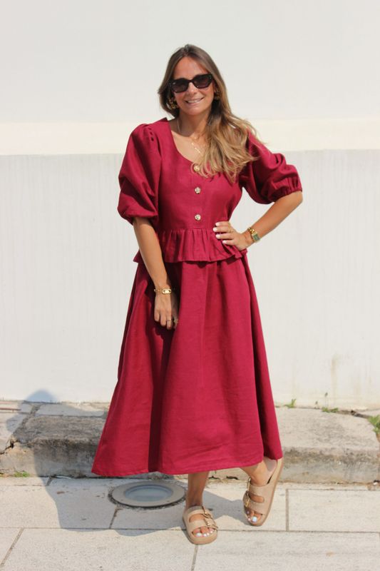 Vestido Linho Bordeaux