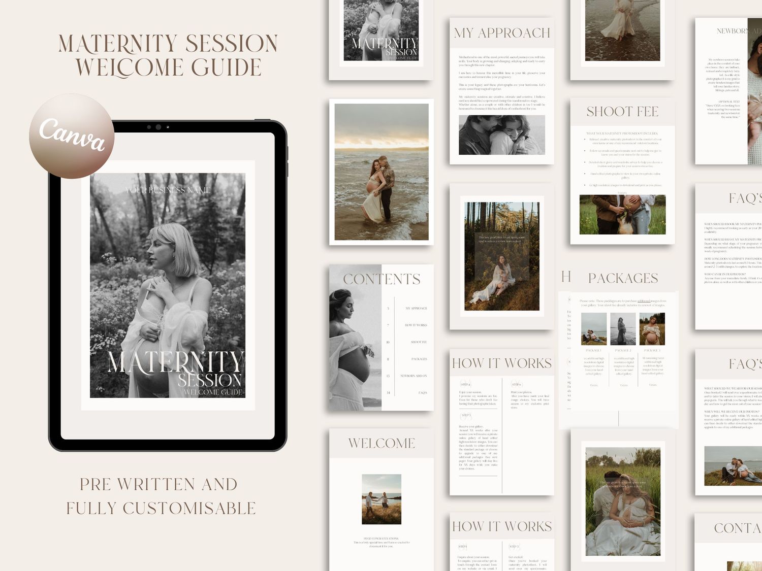 Maternity session welcome guide. Pre written Canva template for photographers