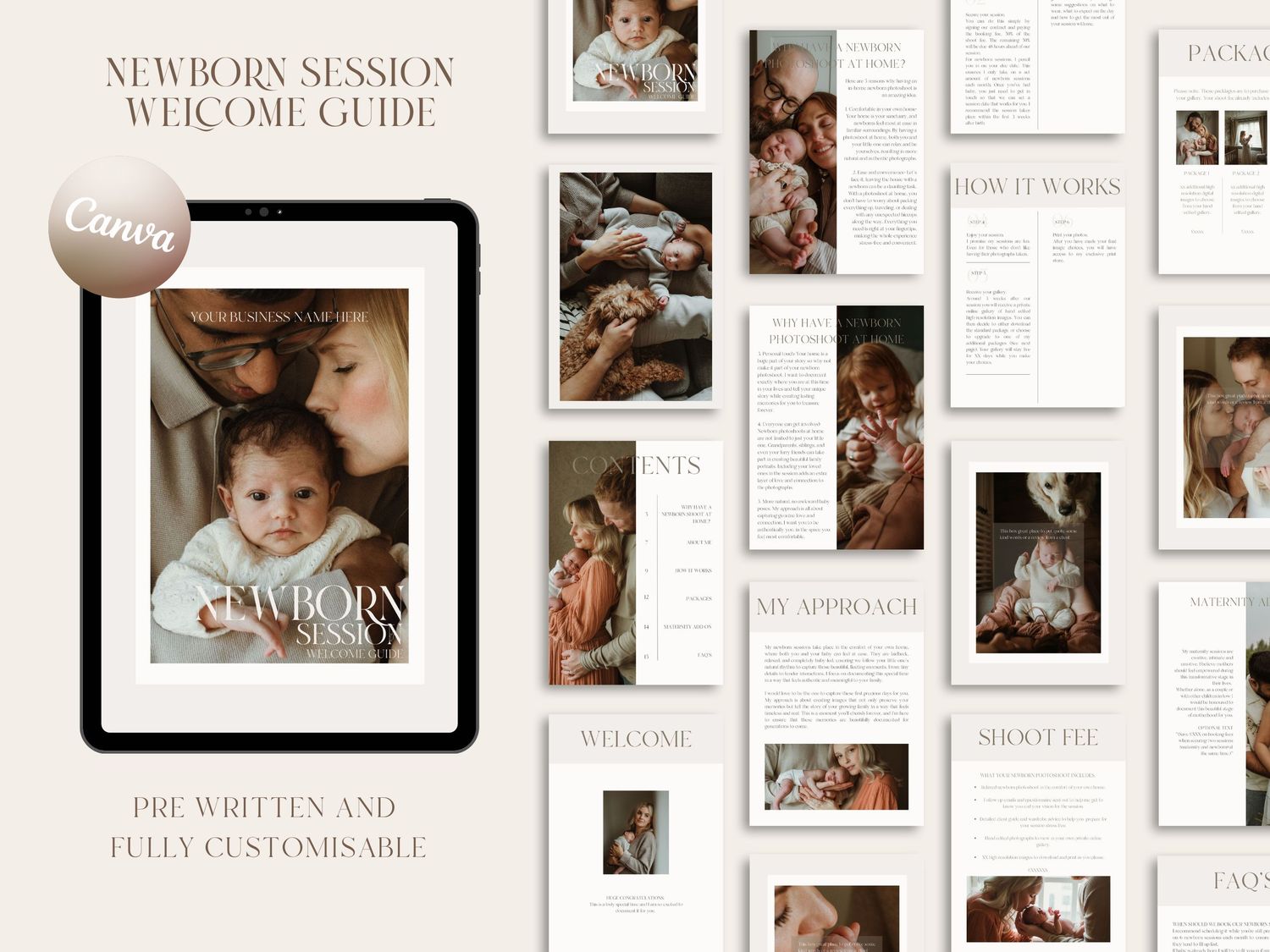 Newborn session welcome guide. Pre written Canva template for photographers