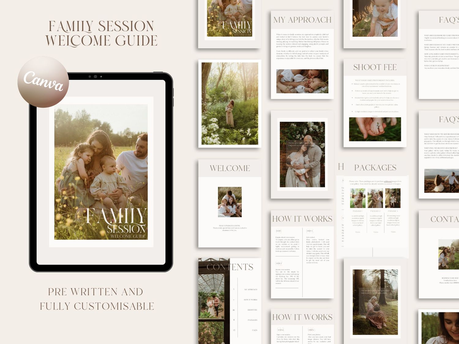 Family session welcome guide. Pre written Canva template for photographers